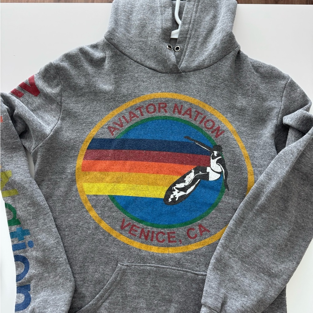 Aviator Nation Gray Hoodie with Rainbow Logo